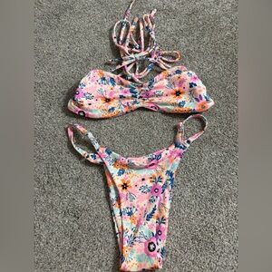 One One Cinched Strappy Pink Floral Bikini Set Size XS Adjustable Tie Swim Wear